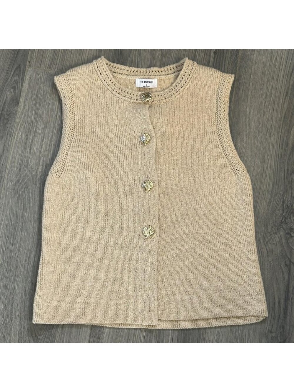 The Workshop Sweater Vest Womens M Beige Knit Seashell Button Front Coastal